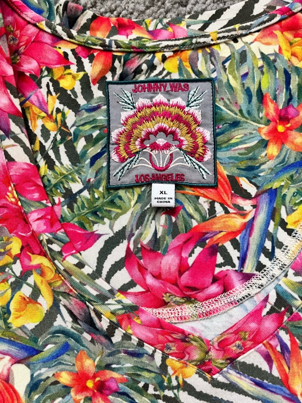 Johnny Was Pink Yellow Floral & Zebra Border Short Sleeve Tee - Picture 3 of 8